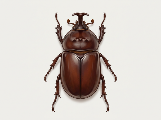 Scarabeo rinoceronte (Oryctes nasicornis) dall'alto, marrone castano lucido con corno sulla testa
