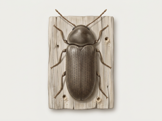 Tarlo (Anobium punctatum) dall'alto su un pezzo di legno con fori per il volo