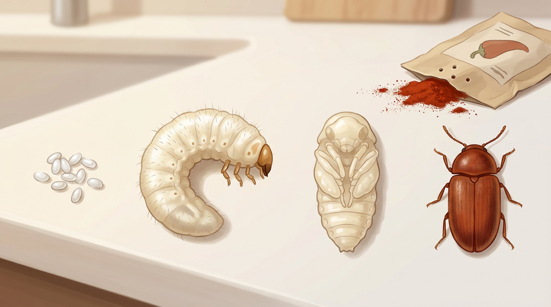 Sviluppo dello scarabeo del pane: uova bianche, larva pelosa e ricurva, pupa chiara e scarabeo rosso-marrone accanto a un pacchetto di spezie con piccoli fori