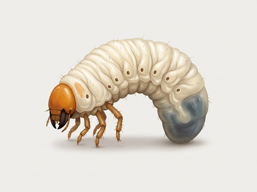 Grub, la larva di uno scarabeo, di lato: ricurvo a forma di C con testa marrone e tre paia di zampe