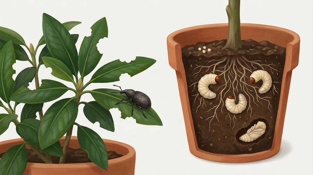 Ciclo annuale del punteruolo nero: punteruolo nero su una foglia con baie di alimentazione semicircolari, accanto ad essa un vaso aperto tagliato con uova sulla superficie, tre larve bianche, ricurve e senza gambe sulle radici e una pupa nel terreno