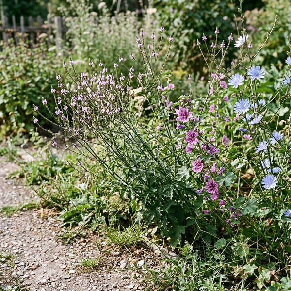 Echtes Eisenkraut (Verbena officinalis) in Blüte im naturnahen Garten (KI-generiert)