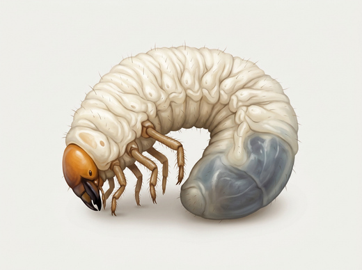 Larva di maggiolino: grande larva bianca ricurva a forma di C con capsula della testa marrone e zampe forti