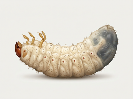 Larva dello scarabeo rosa: larva bianca spessa e ricurva con una testa notevolmente piccola e zampe corte