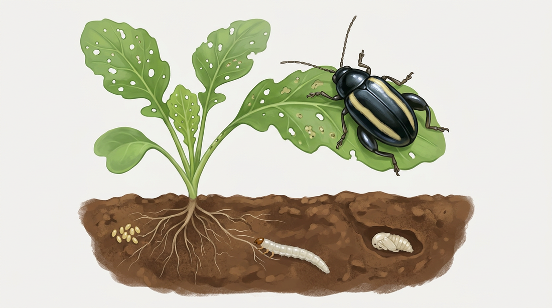 Ciclo vitale dello scarabeo delle pulci: scarabeo su una foglia di ravanello perforata, uova nel terreno sottostante, larva sulle radici e pupa