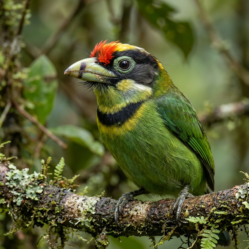 Feuerbart-Bartvogel (Psilopogon pyrolophus), illustrazione IA