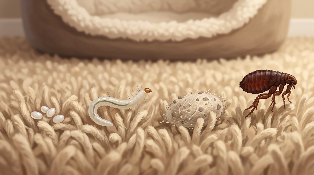 Sviluppo della pulce nel tappeto: uova bianche, larva ispida, bozzolo mimetizzato con polvere e pulce adulta