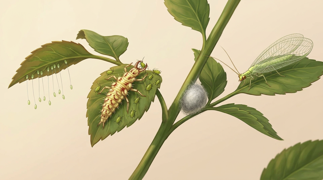 Sviluppo del crisopo comune: uova con gambo sotto una foglia, larva del crisopo che succhia un afide, bozzolo bianco sul gambo e crisopo adulto verde con ali di rete trasparenti