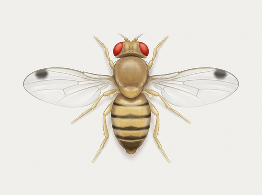 Mosca dell'aceto di ciliegia (Drosophila suzukii), maschio con macchia scura su ciascuna ala, dall'alto