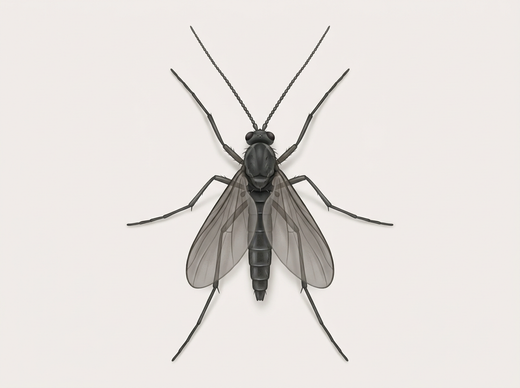 Moscerino dei funghi (Sciaridae), sottile zanzara nera con lunghe antenne, dall'alto