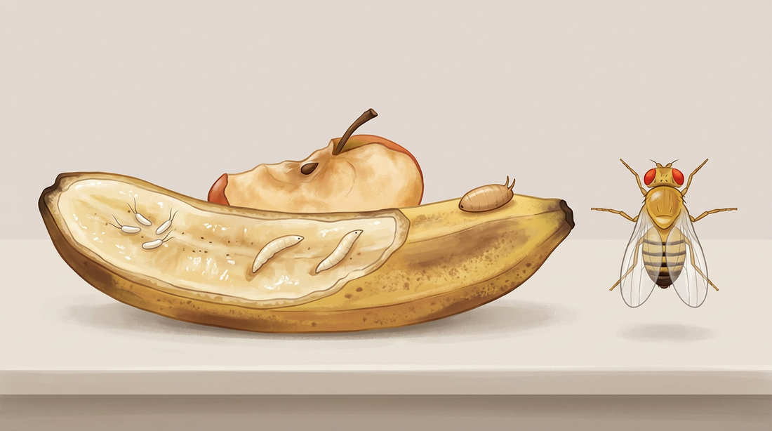 Sviluppo della mosca della frutta su una banana troppo matura: uova con due appendici, larve bianche nella polpa, pupa brunastra e mosca adulta con gli occhi rossi