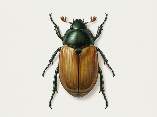 Scarabeo delle foglie da giardino (Phyllopertha horticola) dall'alto, pronoto verde e copritrici alari rosso-marroni