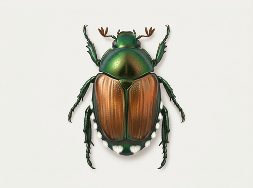 Scarabeo giapponese (Popillia japonica) dall'alto, pronoto verde, copritrici alari bruno-rame e ciuffi di pelo bianchi sui lati