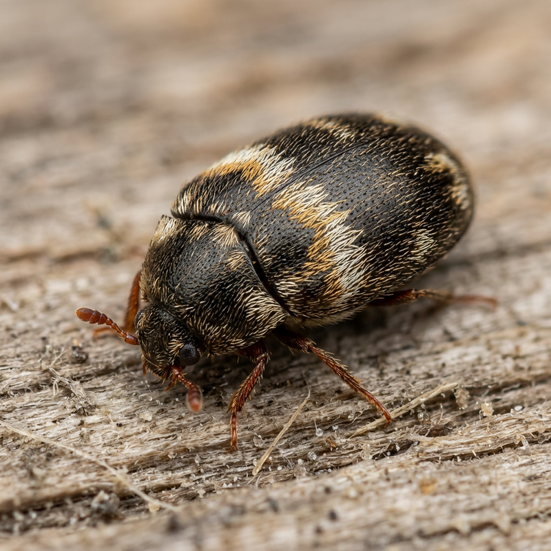 Scarabeo di pelliccia fasciato (Attagenus fasciatus), illustrazione IA