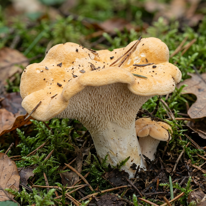 Gemeiner Semmelstoppelpilz (Hydnum repandum), illustrazione IA