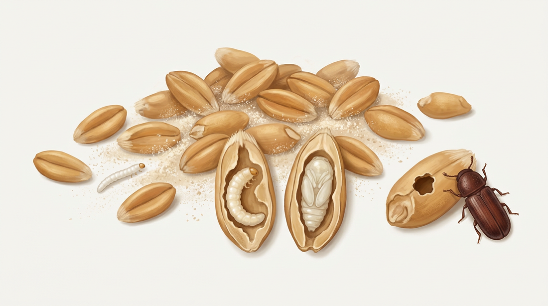 Sviluppo del grano nasturzio: chicchi di grano con polvere di farina fine, una giovane larva tra i chicchi, chicchi tagliati e aperti con una larva bianca curva e una pupa, accanto ad esso uno scarabeo cilindrico, rosso-marrone scuro su un chicco con un foro