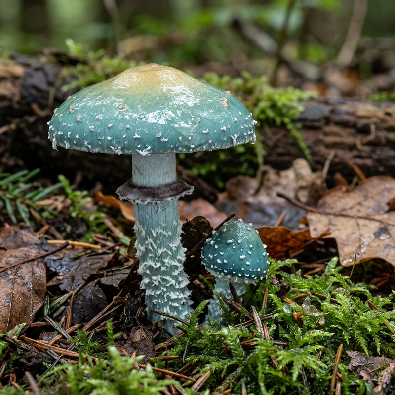 Grüner Träuschling (Stropharia aeruginosa), illustrazione IA