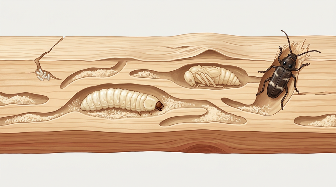 Ciclo di vita dello scarafaggio domestico nella trave di legno tenero tagliata: uova in una fessura, grande larva in un passaggio di alimentazione ovale, pupa sotto la superficie sottile e coleotteri con fasce per capelli luminose in una botola ovale
