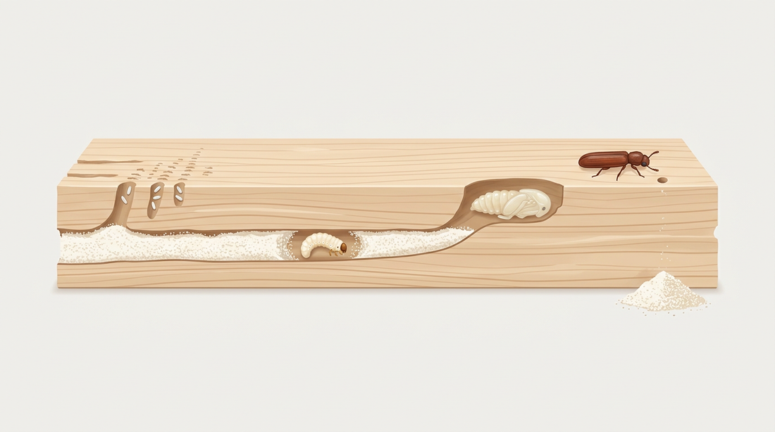 Ciclo di vita dello scarabeo dell'alburno nella tavola di legno duro tagliata: uova nei pori del legno, larva in un passaggio riempito di farina fine, pupa sotto la superficie e sottile scarabeo marrone accanto a un minuscolo foro rotondo con un mucchio di polvere di trapano