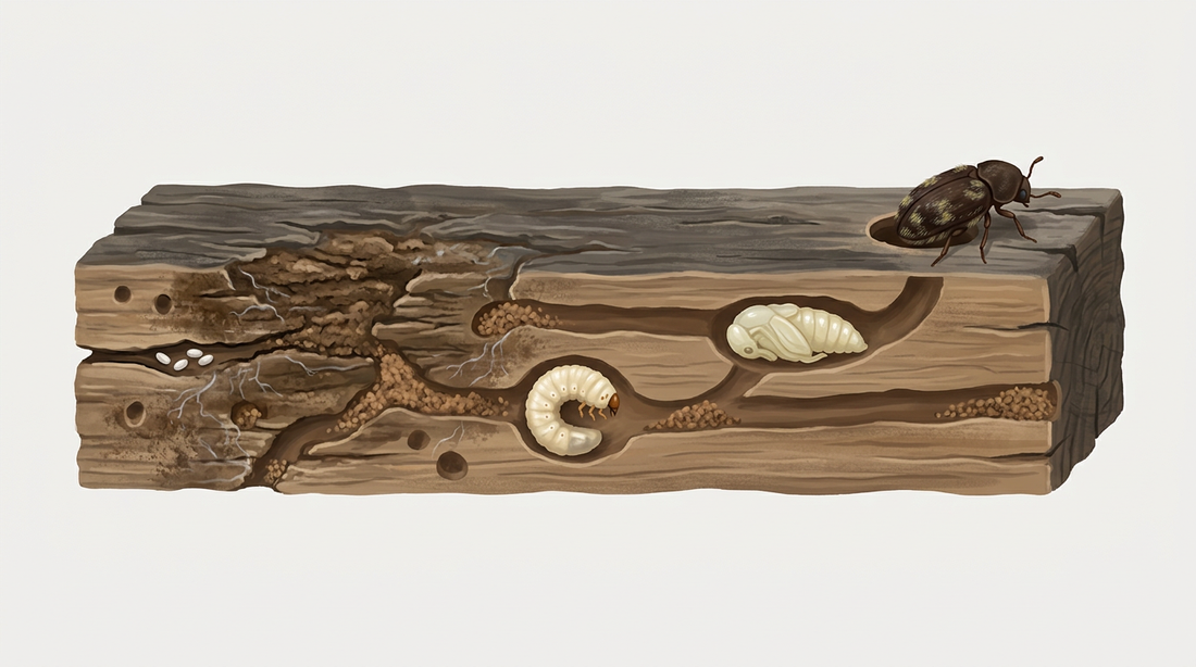 Ciclo vitale dell'orologio della morte in una vecchia trave di quercia decomposta dai funghi: uova nel legno marcio, larva ricurva nel passaggio di alimentazione, pupa sotto la superficie e scarabeo maculato nel foro di uscita rotondo