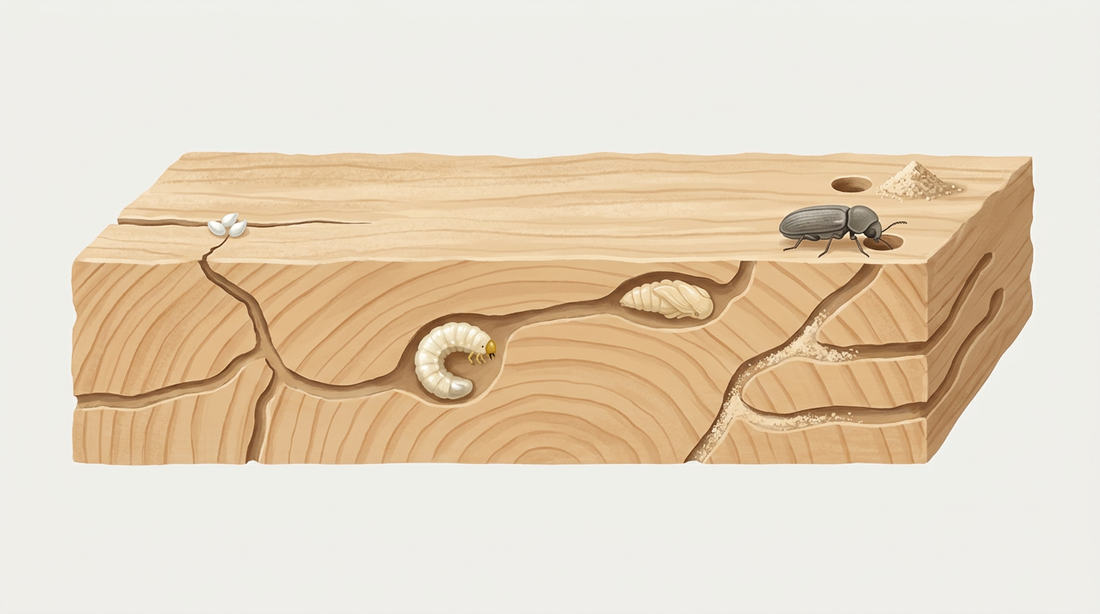 Ciclo di vita del comune scarabeo roditore nel legno tagliato: uova in una fessura, larva curva nel passaggio di alimentazione, pupa appena sotto la superficie e scarafaggio in un foro di uscita rotondo con polvere di trapano