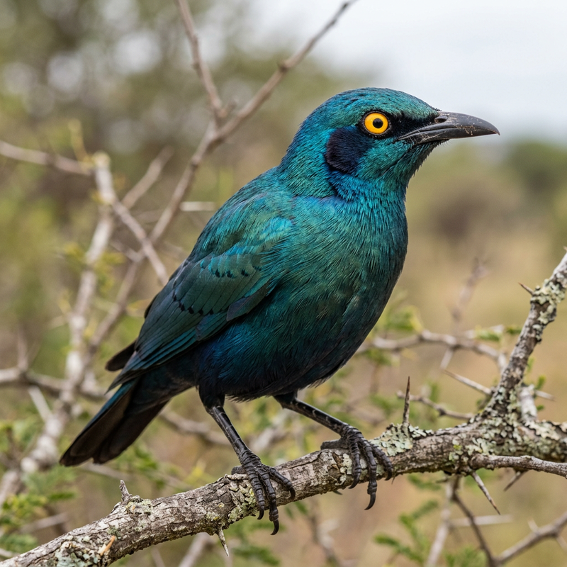 Kap-Glanzstar (Lamprotornis nitens), illustrazione IA