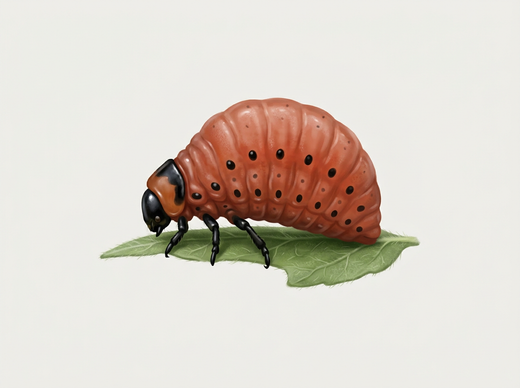 Larva dello scarabeo della patata del Colorado vista di lato: gobba, rosso-arancio con file di punti neri e testa nera