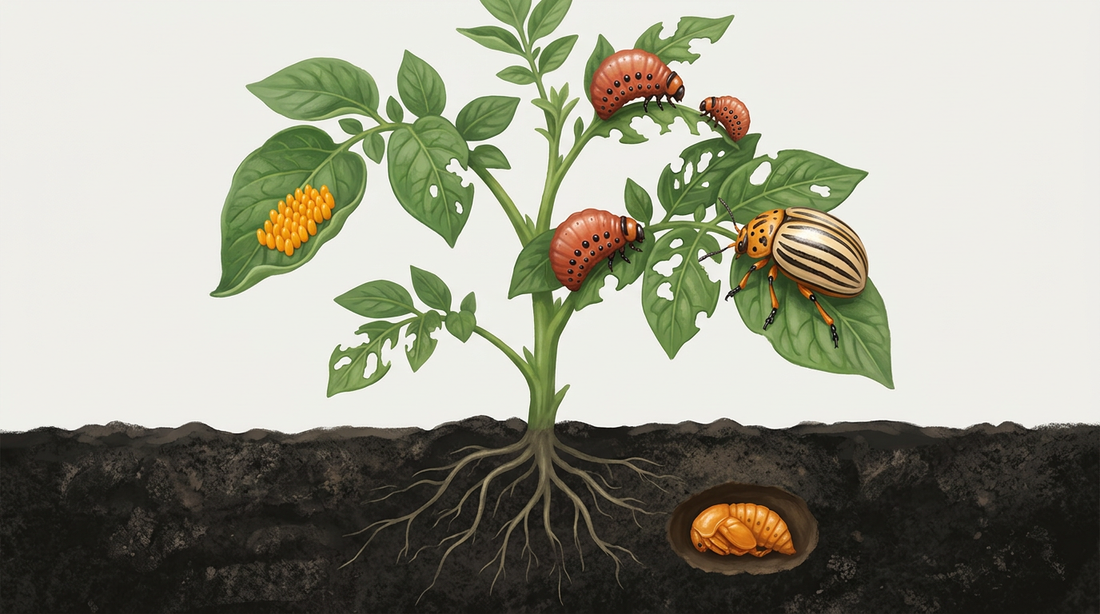 Sviluppo dello scarabeo della patata del Colorado: pianta di patate con un uovo giallo-arancione su una foglia, larve rosso-arancione con file di punti neri e uno scarabeo a strisce giallo-nere, inclusa una pupa in un buco nel terreno
