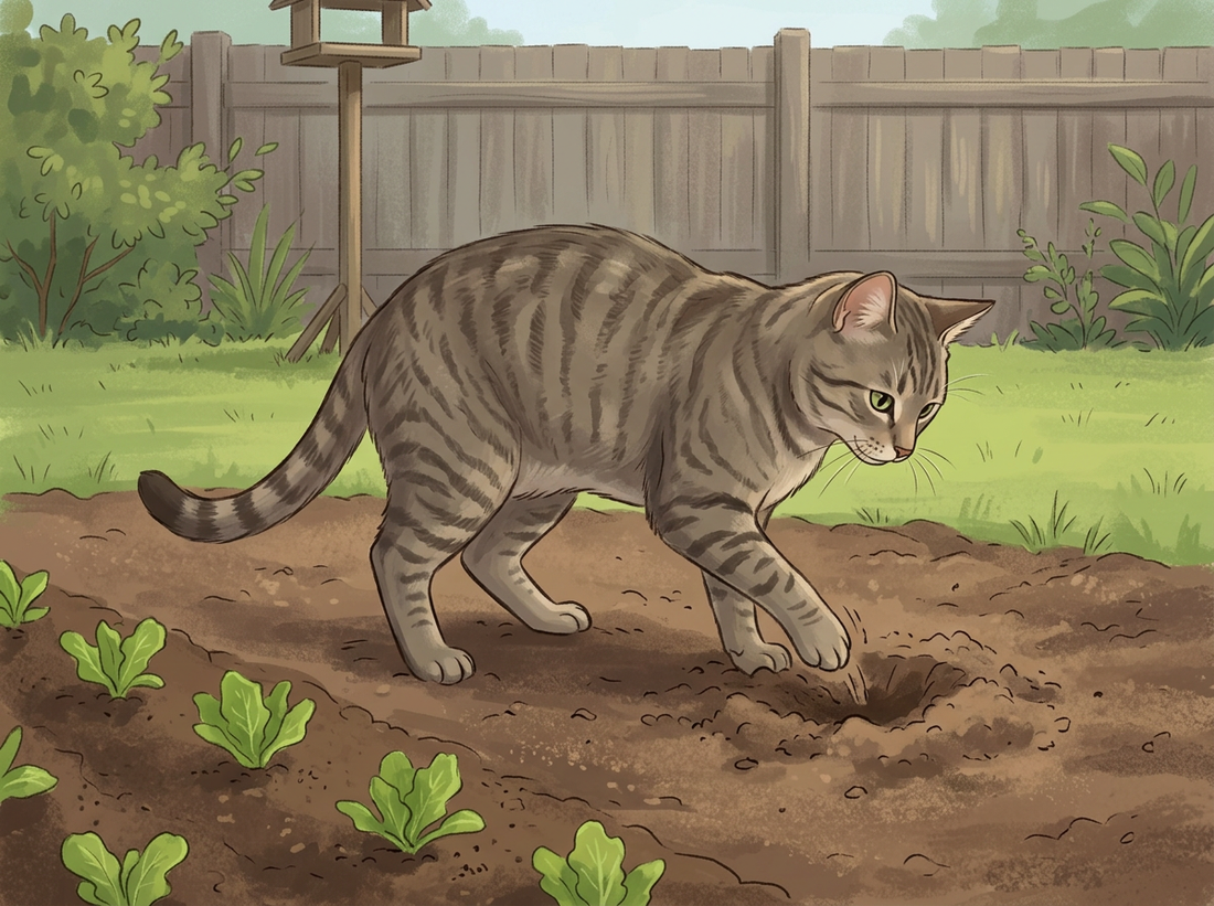 Illustrazione: Un gatto soriano domestico zampetta nel terreno sciolto di un orto appena piantato davanti a una staccionata di legno