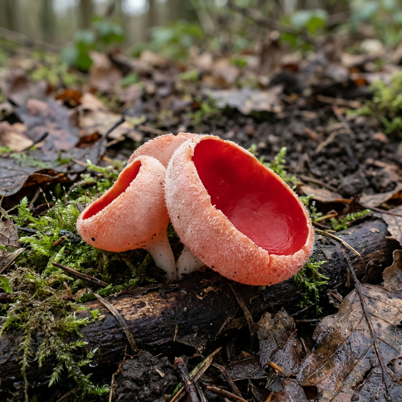 Coppa del calice (Sarcoscypha), illustrazione IA