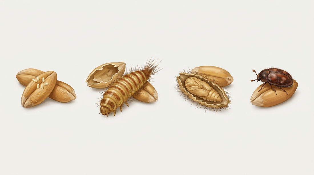 Sviluppo dello scarabeo Khapra: uova sui chicchi di grano, larva pelosa giallo-marrone accanto a un chicco mangiato, pupa nella pelle larvale e piccolo scarabeo rosso-marrone