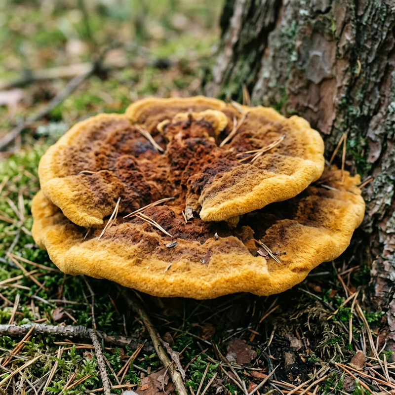 Porling marrone pino (Phaeolus schweinitzii), illustrazione IA