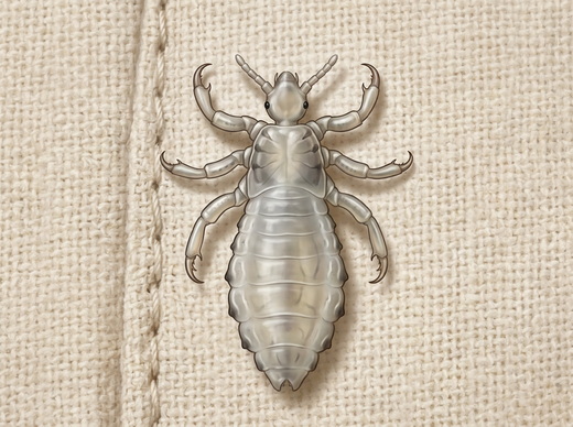 Pidocchio del corpo (Pediculus humanus corporis) su tessuto, notevolmente ingrandito