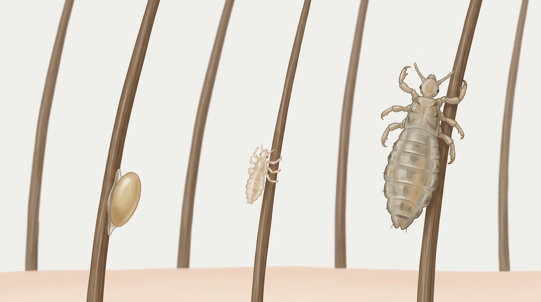 Illustrazione molto ingrandita: uovo di pidocchio (len) sull'attaccatura dei capelli, larva giovane e pidocchio adulto sui capelli umani