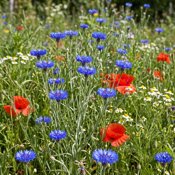 Kornblume (Centaurea cyanus) in Blüte im naturnahen Garten (KI-generiert)