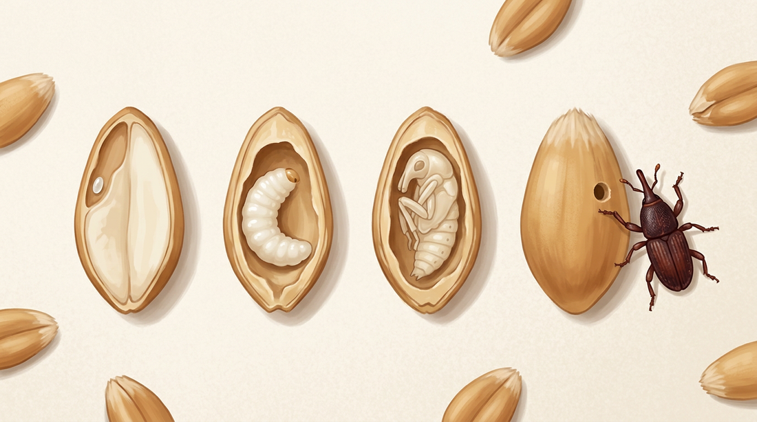 Sviluppo di un punteruolo del grano usando l'esempio dello scarabeo del grano: tagliare i chicchi di grano aperti con un uovo, una larva bianco latte e una pupa all'interno, accanto a uno scarafaggio su un grano con un foro rotondo