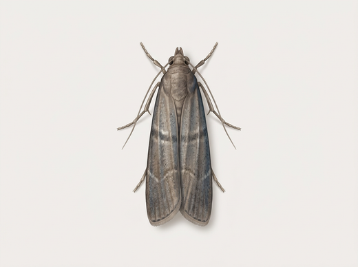 Falena del cacao (Ephestia elutella) con ali anteriori grigio-marroni, dall'alto