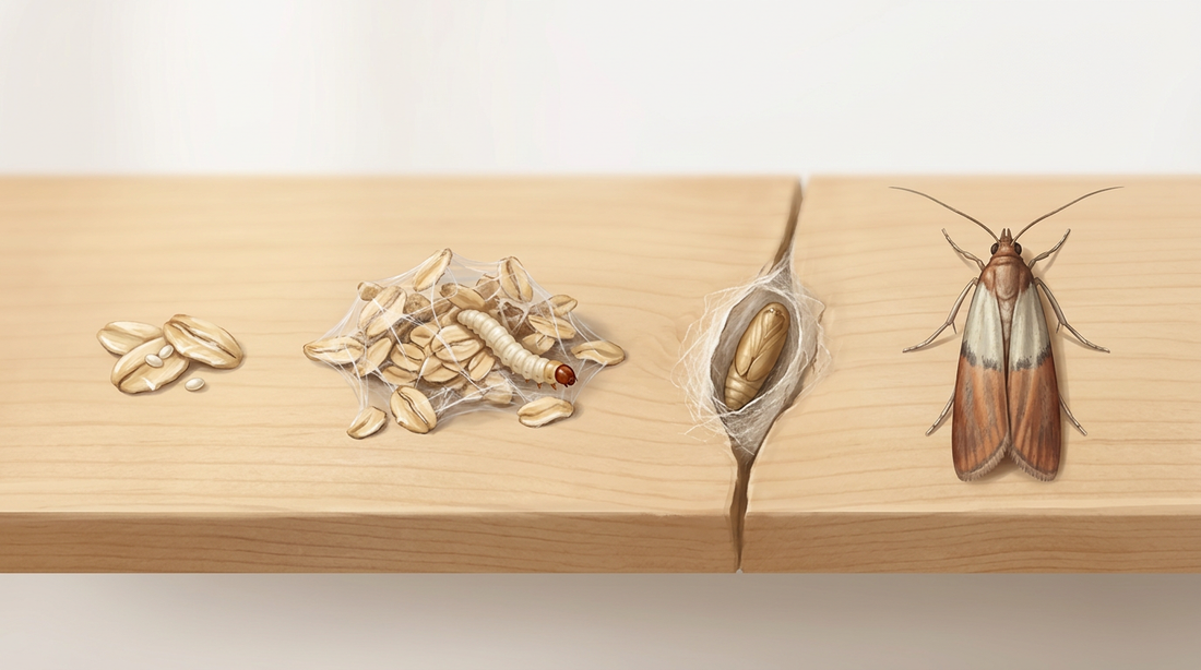 Sviluppo della tignola della frutta secca: minuscole uova bianche sui cereali, bruco chiaro con ragnatele, pupa in una fessura e tignola con ali anteriori bicolori