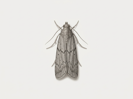 Falena della farina (Ephestia kuehniella) con ali anteriori grigie, dall'alto