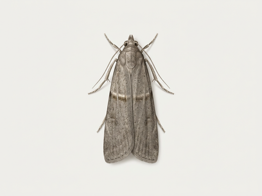 Falena tropicale (Ephestia cautella) con ali anteriori grigio-marroni, dall'alto