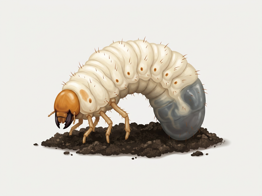 Larva di maggiolino vista di lato: bianco crema, ricurva, con testa marrone e tre paia di zampe, su terreno da giardino