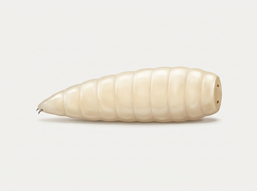 Larva di mosca (larva di mosca domestica) di lato: biancastra, senza zampe, appuntita davanti e larga dietro