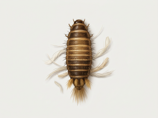 Larva dello scarabeo dei tappeti dall'alto: fasciato marrone, densamente peloso, con ciuffi di pelo all'estremità posteriore, su fibre di lana