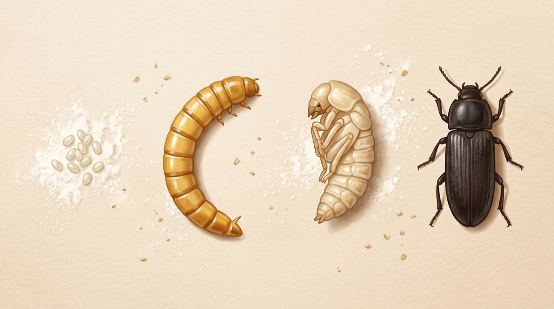 Sviluppo del tenebrione mugnaio: uova bianche, larva giallo-bruna (verme della farina), pupa chiara e coleottero bruno scuro sulla farina