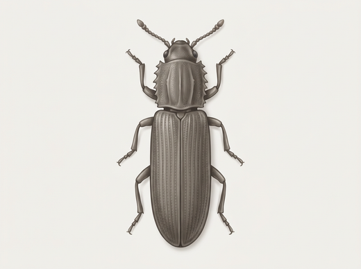 Scarabeo piatto di cereali (Oryzaephilus surinamensis) dall'alto