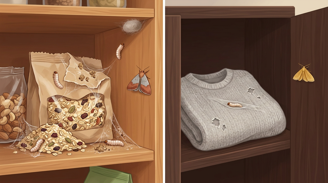 Illustrazione in due parti: a sinistra un armadio con un sacchetto di cereali pieno di ragnatele, bruchi nei cereali, un bruco striscia fino all'angolo dell'armadio con un bozzolo, una falena della frutta secca si siede sul muro; a destra un armadio con un maglione di lana traforato, una larva sul tessuto e una piccola tarma giallo oro sull'anta