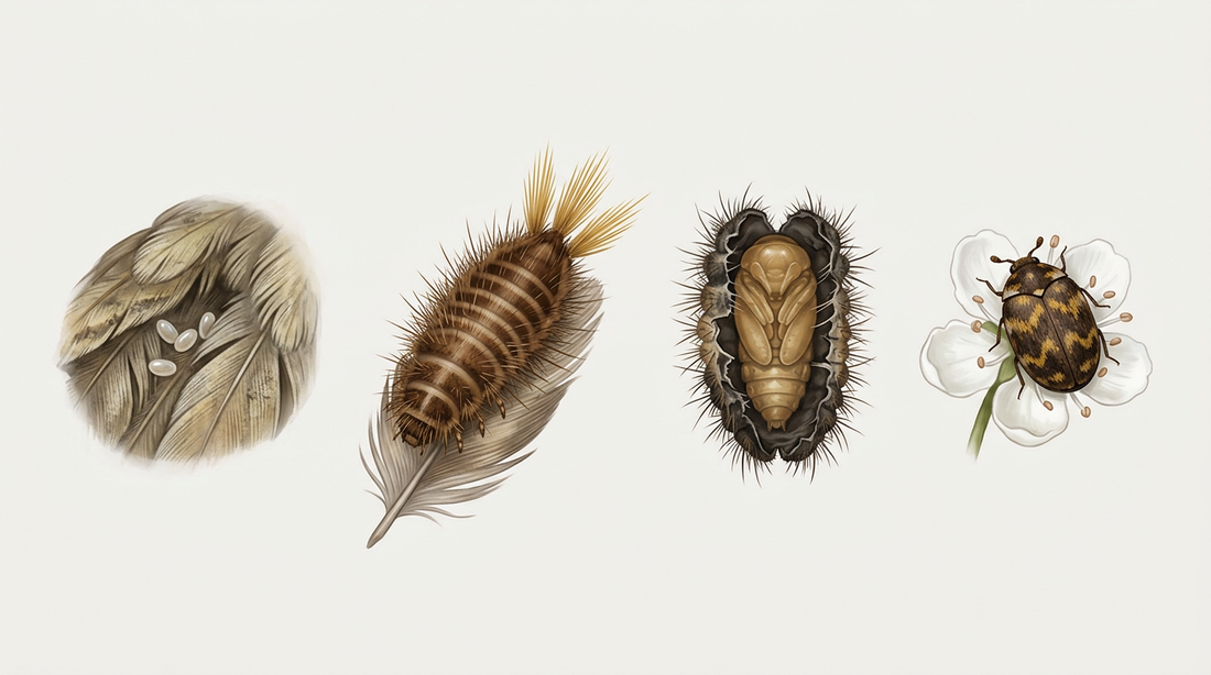 Sviluppo dello scarafaggio del museo: uova tra le piume di un esemplare, larva densamente pelosa con ciuffi di peli di freccia, pupa nella pelle larvale e scarafaggio modellato su un fiore bianco di biancospino