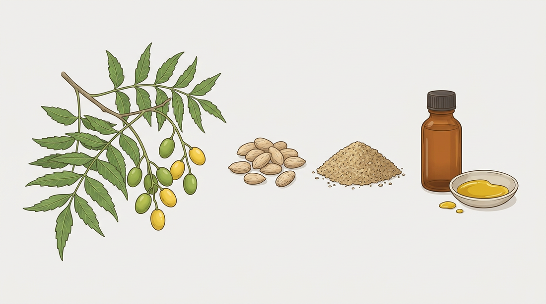 Ramo dell'albero di neem con foglie piumate e frutti a forma di oliva, accanto a semi di neem essiccati, semi di neem macinati e una bottiglia di olio di neem