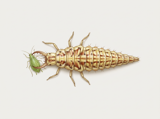 Larva di crisoperla (Chrysoperla carnea) trattiene un afide verde con le sue pinze aspiranti, dall'alto
