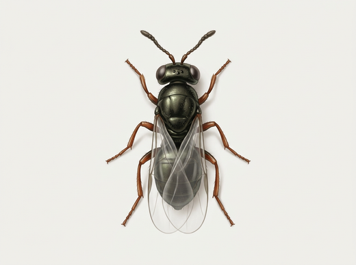 Vespa da campo (Lariophagus distinguendus) con corpo nero e zampe bruno-rossastre, dall'alto